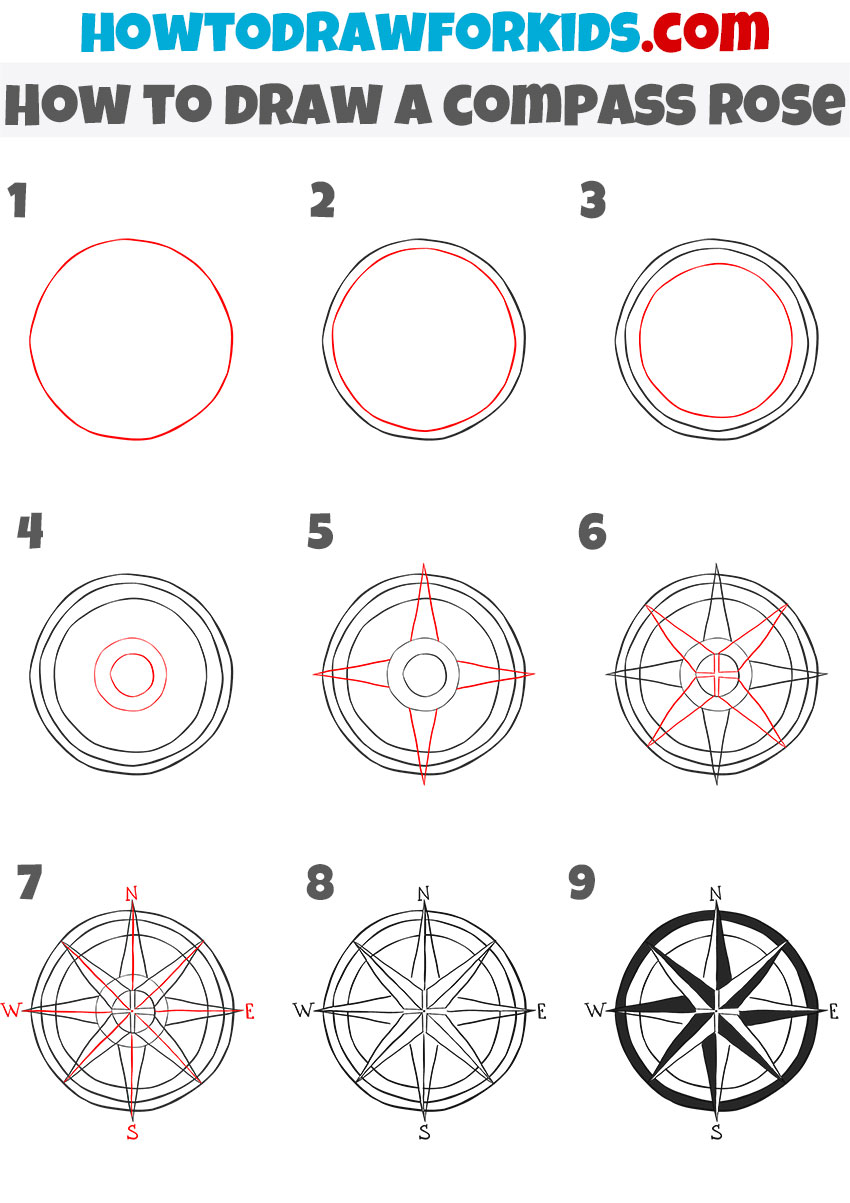 How to draw a compass rose step by step