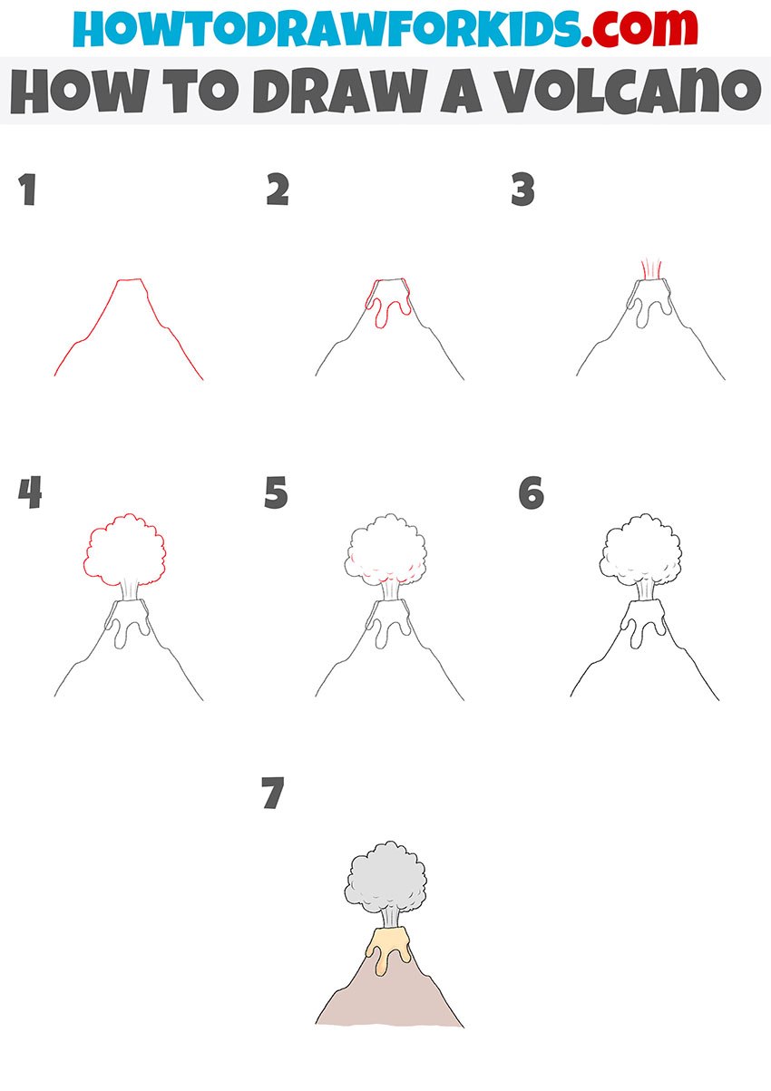 How to draw a volcano step by step