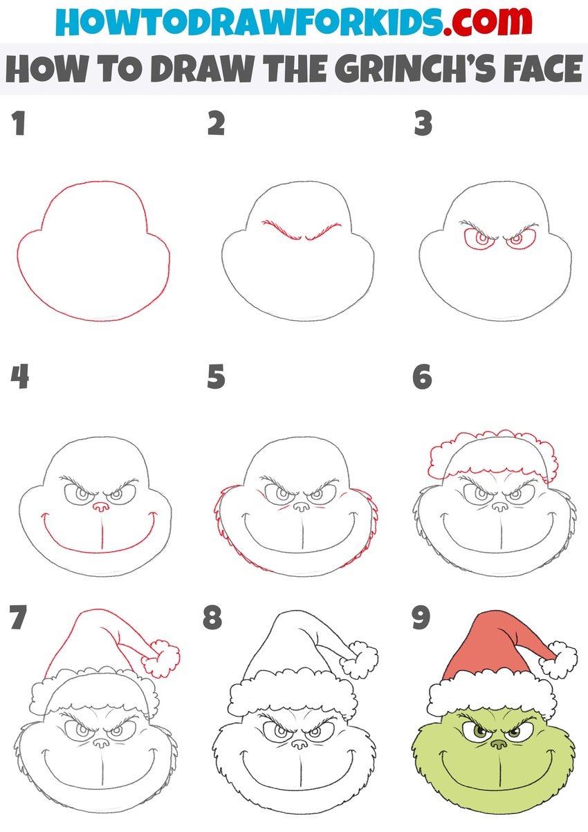 How to draw the Grinch’s face step by step