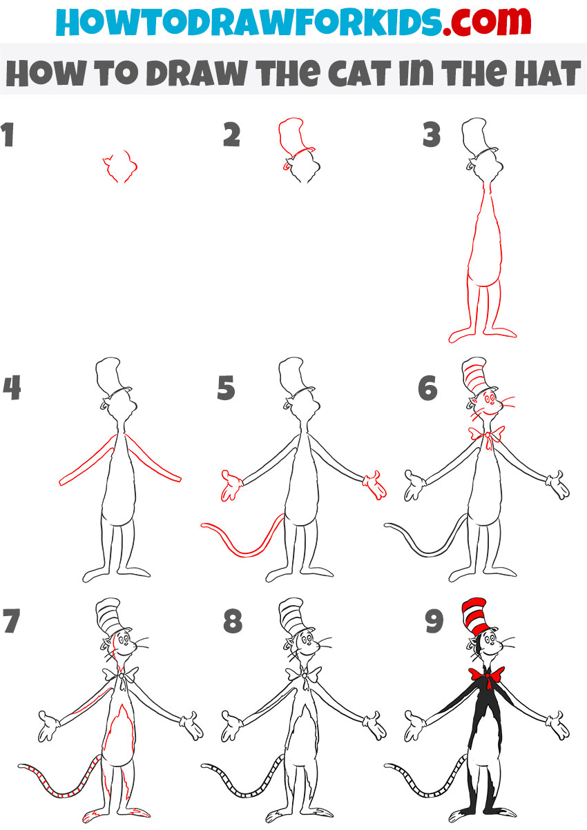 How to draw the cat in the hat step by step