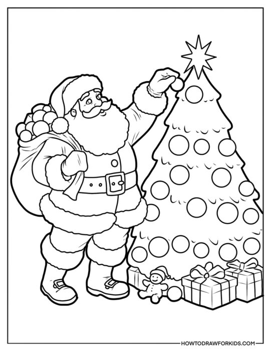 Santa Decorating a Christmas Tree to Color