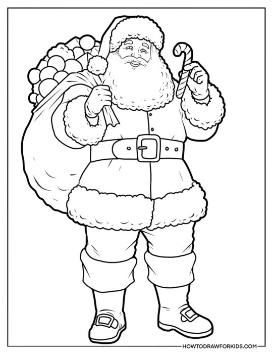 Santa With Presents and a Candy Cane to Color