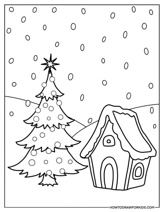 Christmas Tree and Gingerbread House Coloring Sheet