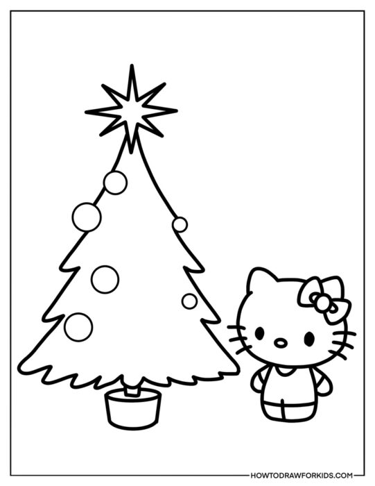 Christmas Tree and Hello Kitty Coloring Sheet for Kids