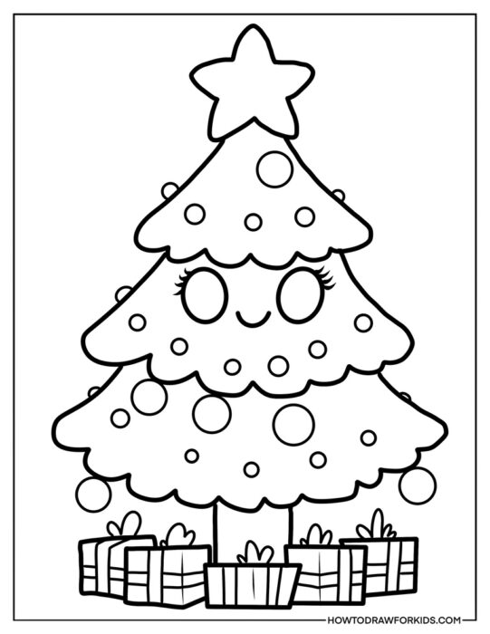 Christmas Tree and Presents Coloring Page