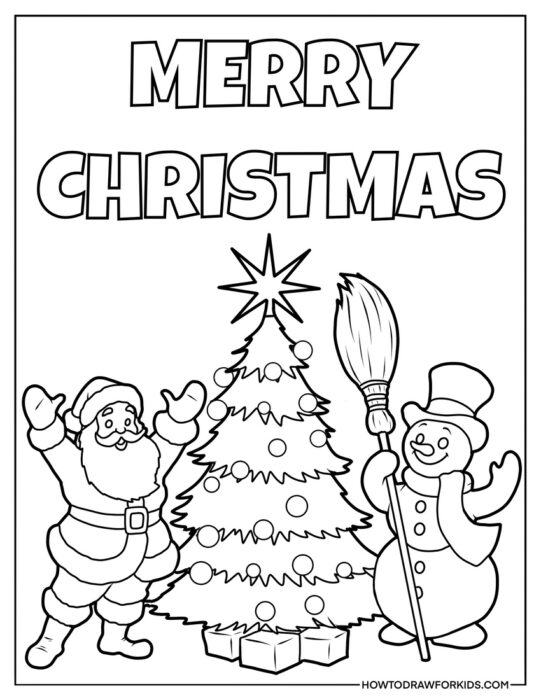 Christmas Tree Santa and Snowman Coloring Page