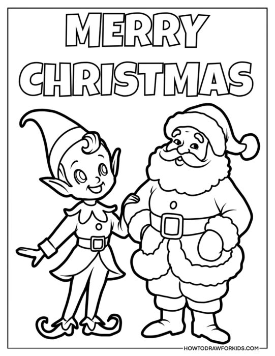 elf and santa with merry christmas text to color