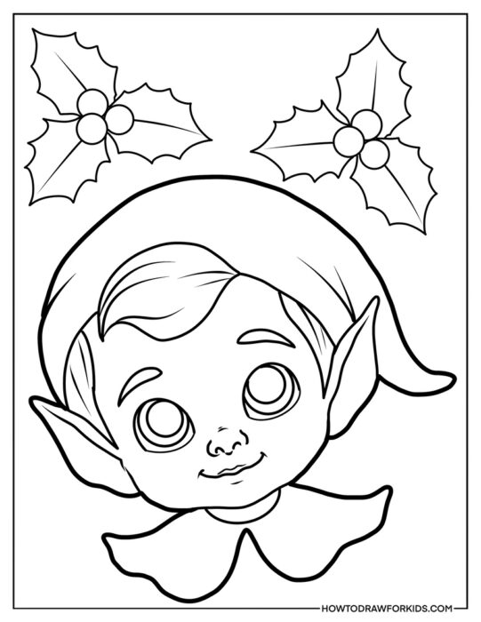 Elf Face and Holly Coloring Sheet