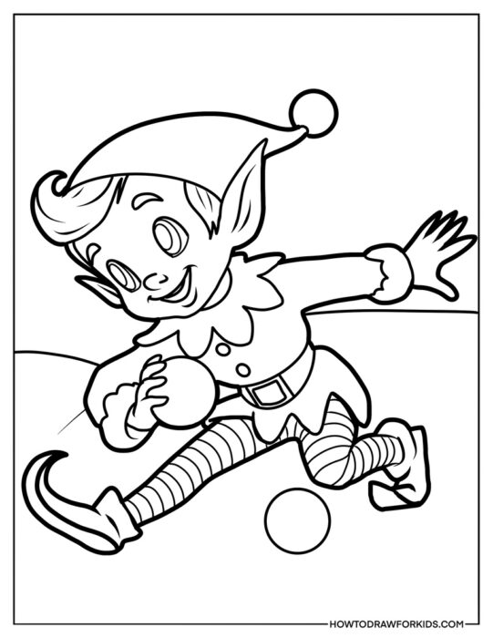 Elf Playing Snowballs for Coloring