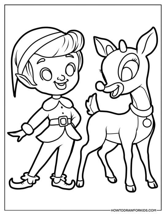 Elf with a Reindeer for Kids to Color