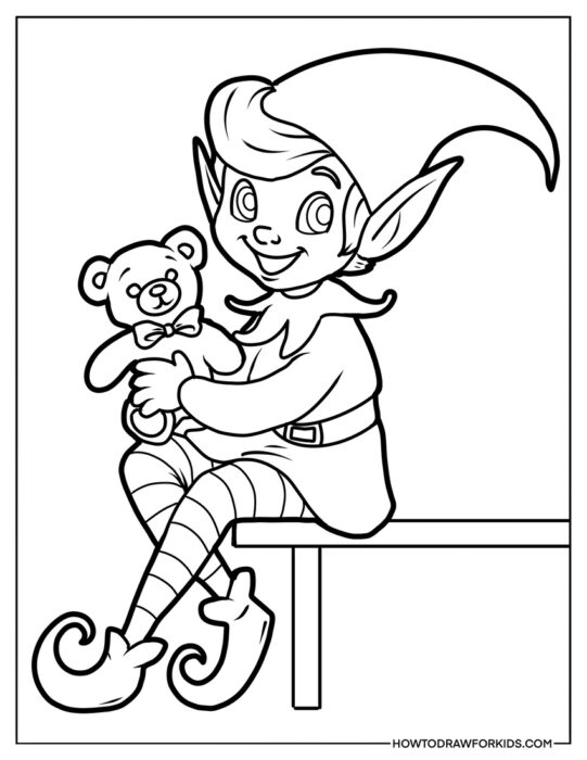 Elf with a Teddy Bear Coloring Sheet