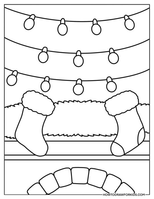 Fairy Lights Christmas Stockings and Fireplace Coloring Page