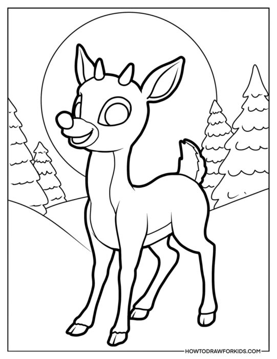 Rudolph and a Winter Forest Coloring Sheet