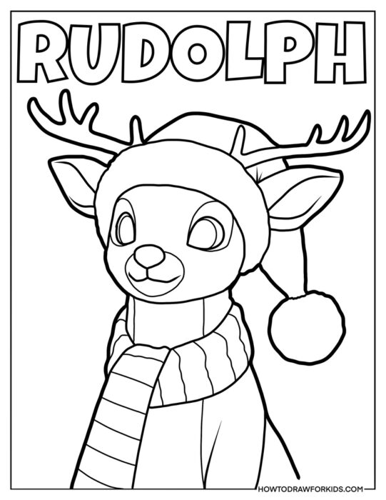 Rudolph in a Hat and Scarf Coloring Page