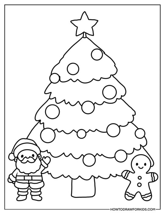 Santa, Gingerbread Man and Christmas Tree Coloring Page