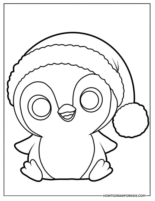 Sitting Chibi Penguin in Santa Hat to Color