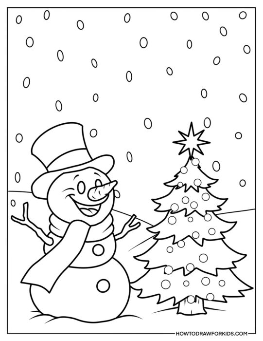 Snowman and Christmas Tree Coloring Page