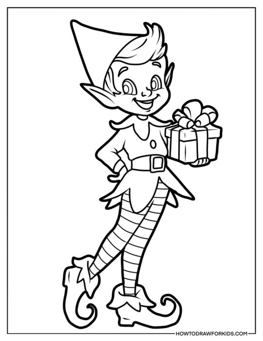 Standing Elf with a Present Box Coloring Page