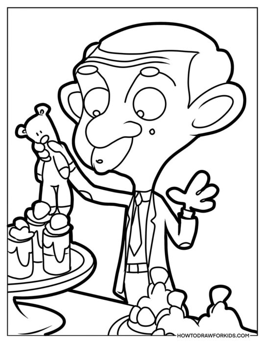 Cartoon Mr. Bean and Desserts Coloring Sheet