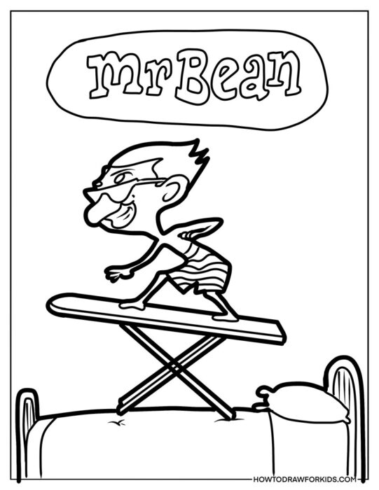 Cartoon Mr. Bean on Ironing Board Coloring Sheet