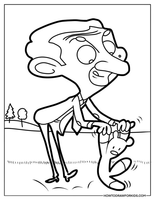 Cartoon Mr. Bean Walking with Teddy Bear to Color