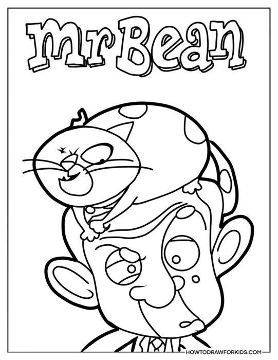 Cartoon Mr. Bean with Cat Coloring Picture