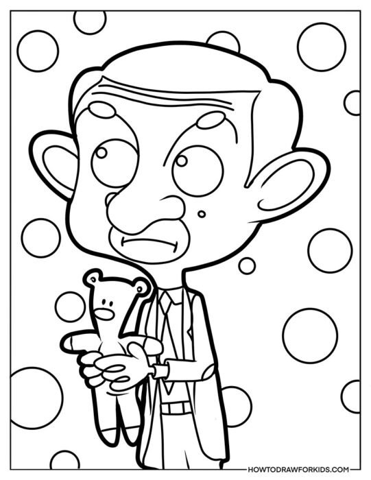 Cartoon Mr. Bean with Toy and Soap Bubbles to Color