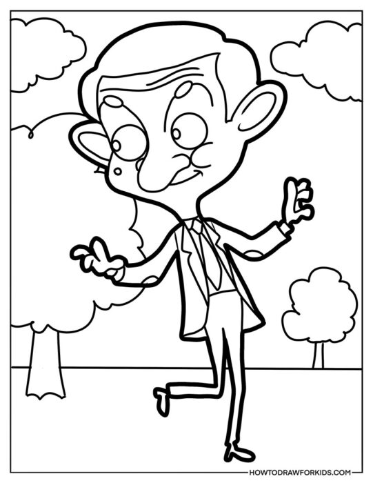 Coloring Page of Cartoon mr Bean in the Park