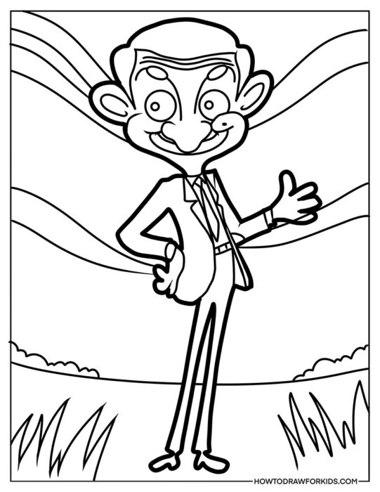 Coloring Page of Cartoon Mr. Bean Outdoors