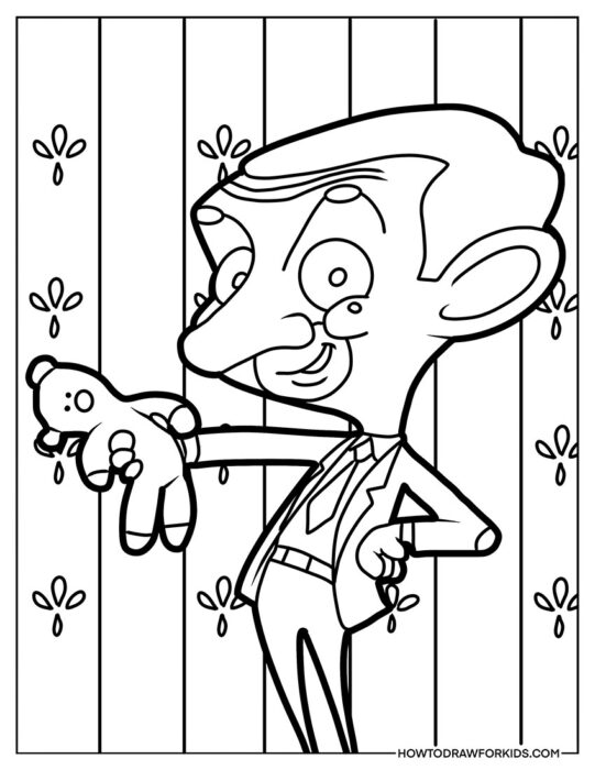 Detailed Cartoon Mr. Bean Barn with Toy Coloring Sheet