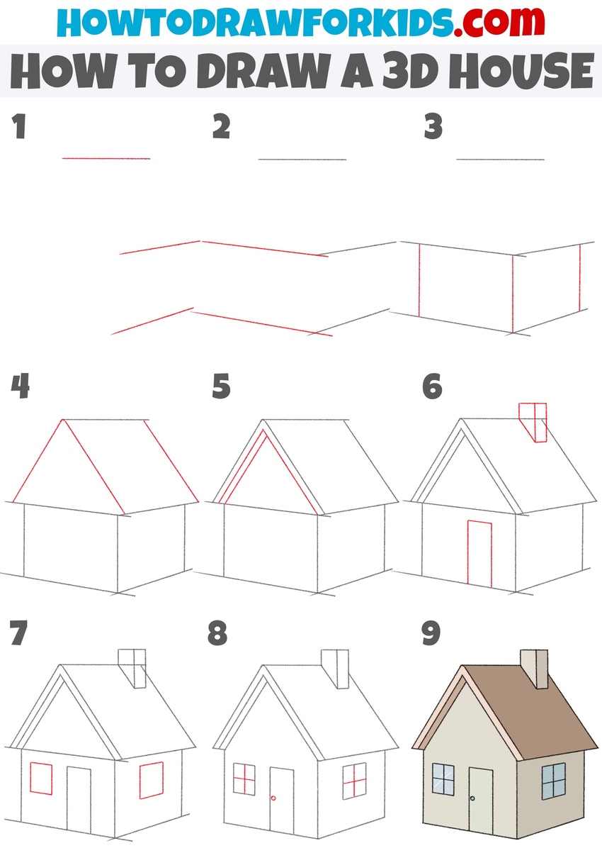 How to draw a 3d house step by step