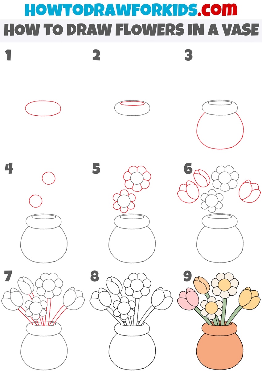 how to draw flowers in a vase step by step