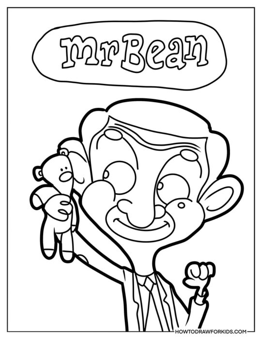 Mr. Bean with Teddy Bear Coloring Page