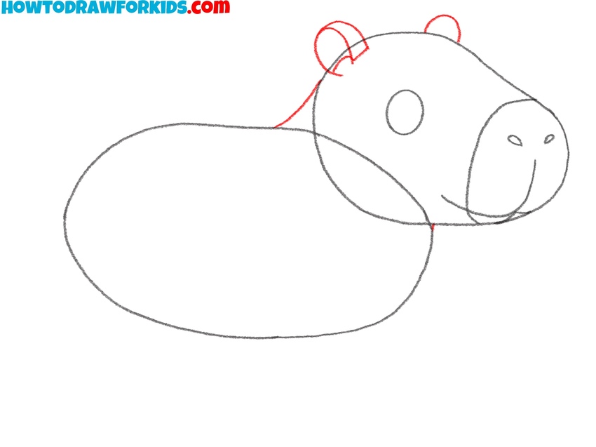 Draw capybara’s ears and neck line