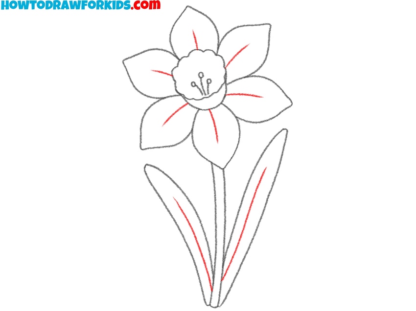 Sketch veins on the petals and leaves