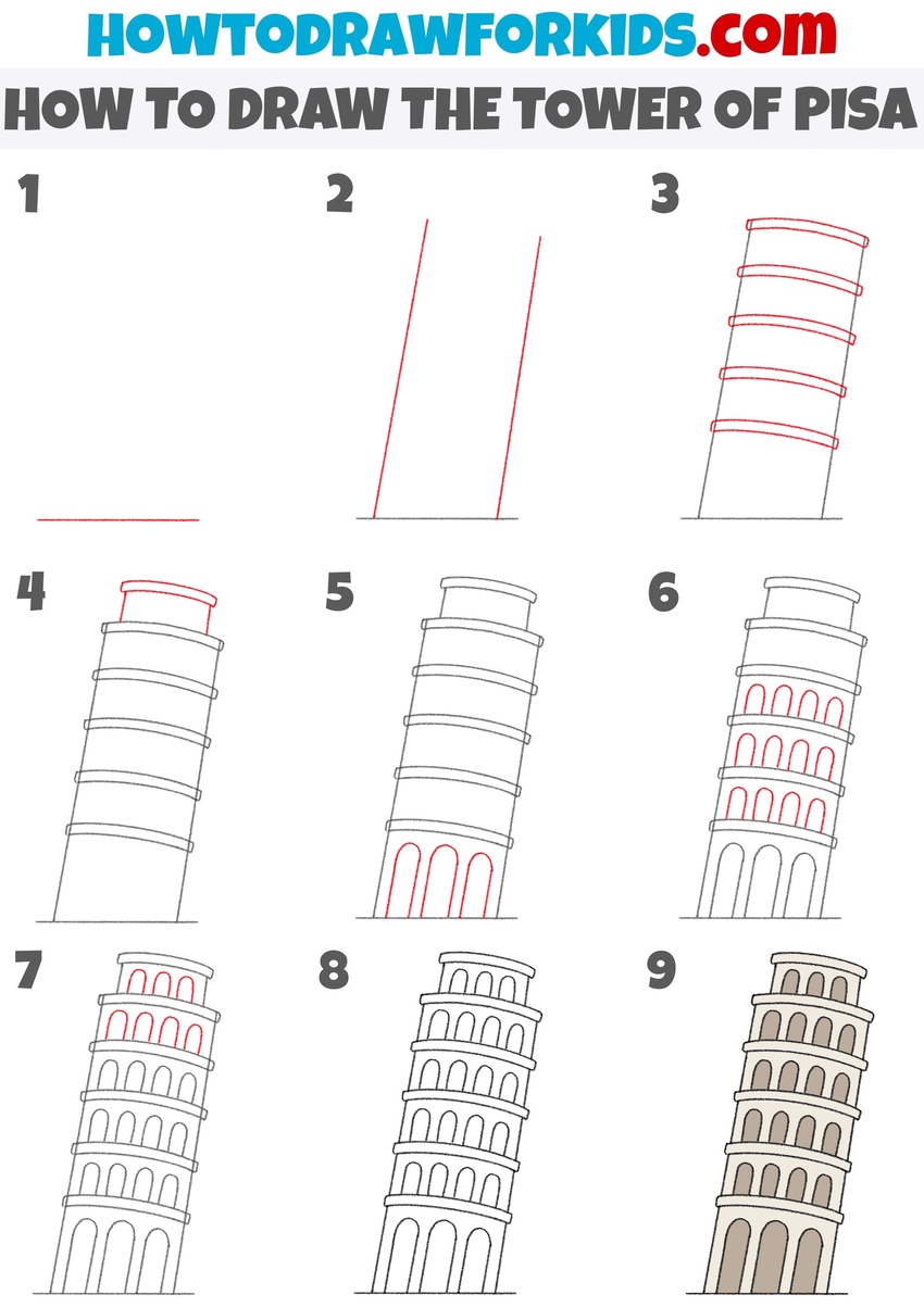 How to draw the leaning tower of Pisa step by step